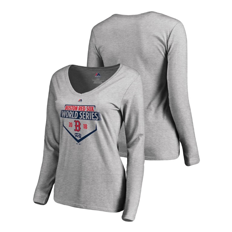 Women - Boston Red Sox Streamer Long Sleeve Heather Gray Bound Majestic V-Neck T-Shirt 2018 World Series