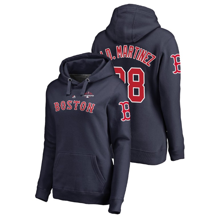 Women - Boston Red Sox #28 Navy J.D. Martinez Pullover Majestic Hoodie 2018 World Series Champions