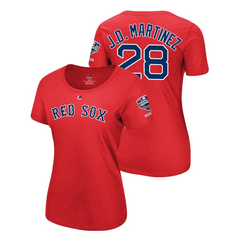Women - Boston Red Sox Red #28 J.D. Martinez Sleeve Patch T-Shirt 2018 World Series Champions