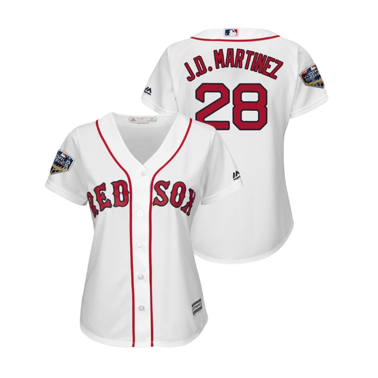 Women - Boston Red Sox White #28 J.D. Martinez Cool Base Jersey 2018 World Series