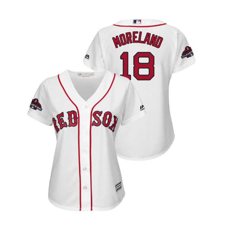 Women - Boston Red Sox White #18 Mitch Moreland Team Logo Patch Jersey 2018 World Series Champions