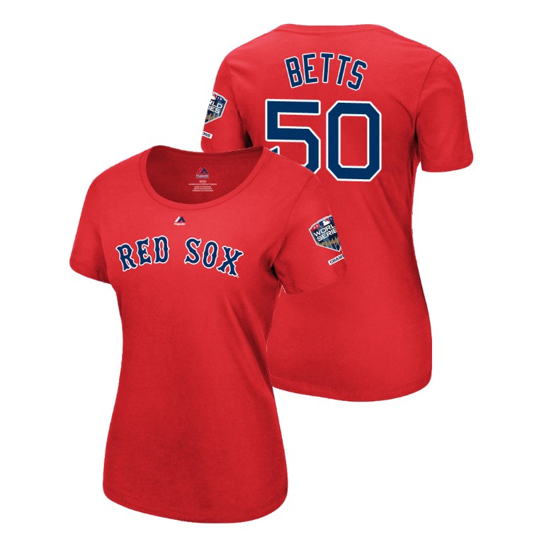 Women - Boston Red Sox Red #50 Mookie Betts Sleeve Patch T-Shirt 2018 World Series Champions Women - Boston Red Sox Red #50 Mookie Betts Sleeve Patch T-Shirt 2018 World Series Champions