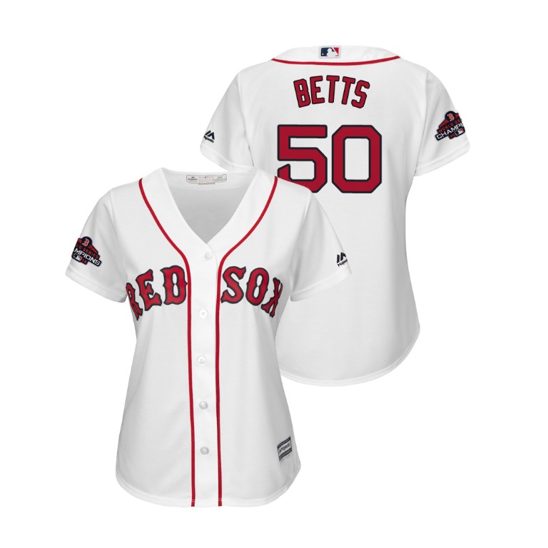 Women - Boston Red Sox White #50 Mookie Betts Team Logo Patch Jersey 2018 World Series Champions