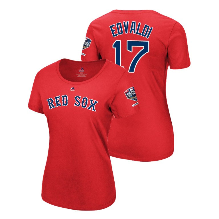 Women - Boston Red Sox Red #17 Nathan Eovaldi Sleeve Patch T-Shirt 2018 World Series Champions Women - Boston Red Sox Red #17 Nathan Eovaldi Sleeve Patch T-Shirt 2018 World Series Champions