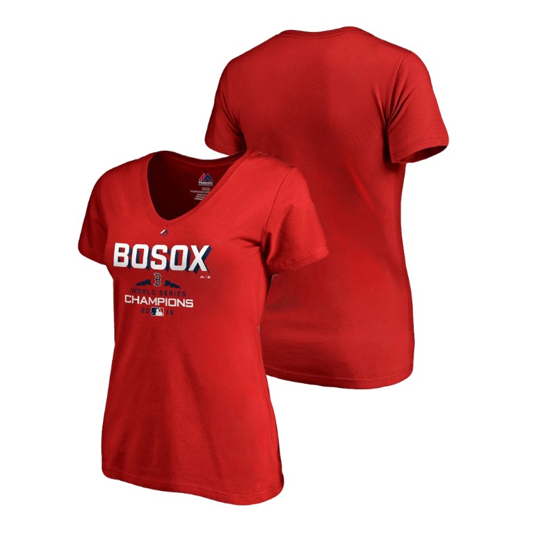 Women - Boston Red Sox Hit And Run Red Majestic V-Neck T-Shirt 2018 World Series Champions Women - Boston Red Sox Hit And Run Red Majestic V-Neck T-Shirt 2018 World Series Champions