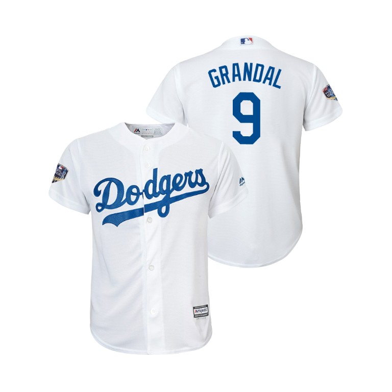Youth Los Angeles Dodgers White #9 Yasmani Grandal Cool Base Jersey 2018 World Series