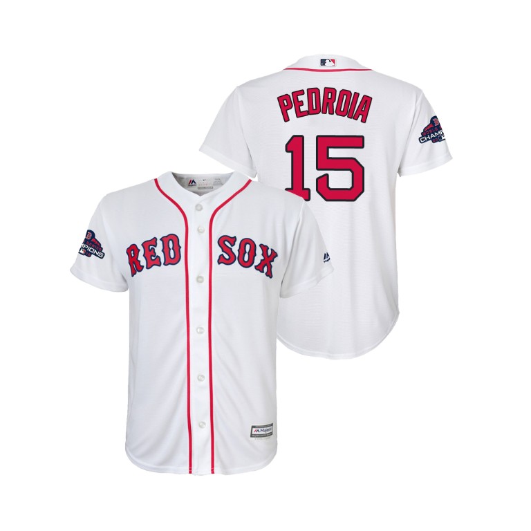 Youth Boston Red Sox White #15 Dustin Pedroia Team Logo Patch Jersey 2018 World Series Champions