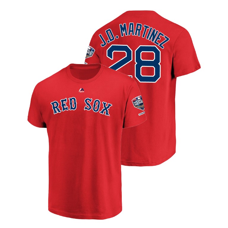 Youth Boston Red Sox Red #28 J.D. Martinez Sleeve Patch T-Shirt 2018 World Series Champions