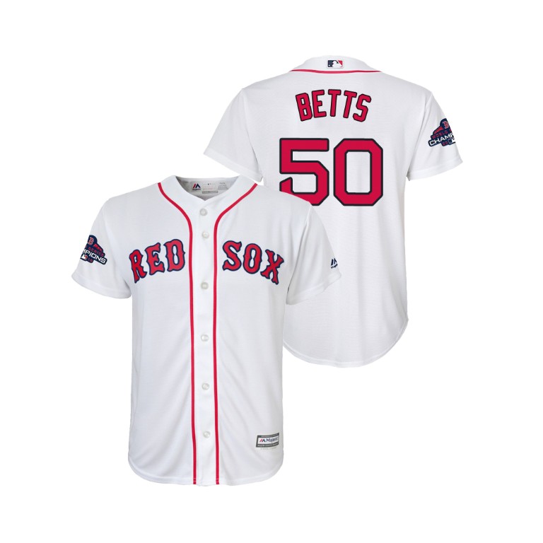 Youth Boston Red Sox White #50 Mookie Betts Team Logo Patch Jersey 2018 World Series Champions