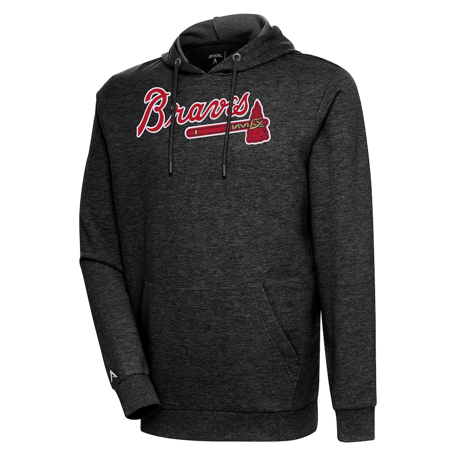Men's Atlanta Braves Antigua Heather Black Action Pullover Hoodie