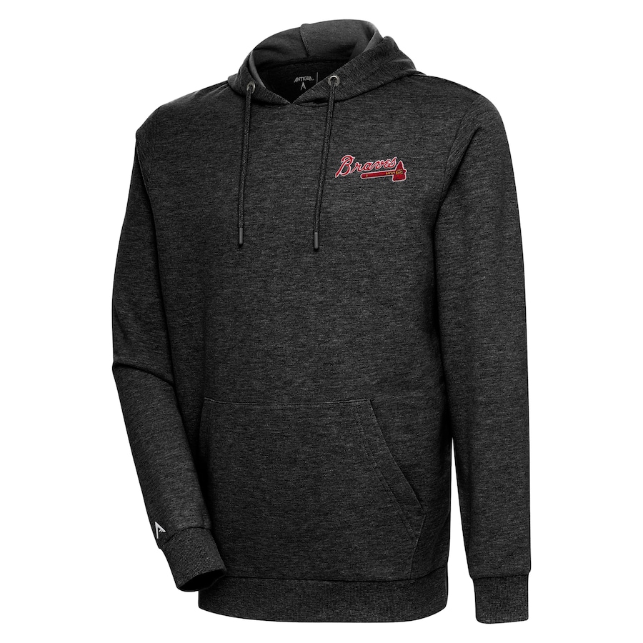 Men's Atlanta Braves Antigua Heather Black Action Pullover Hoodie Men's Atlanta Braves Antigua Heather Black Action Pullover Hoodie