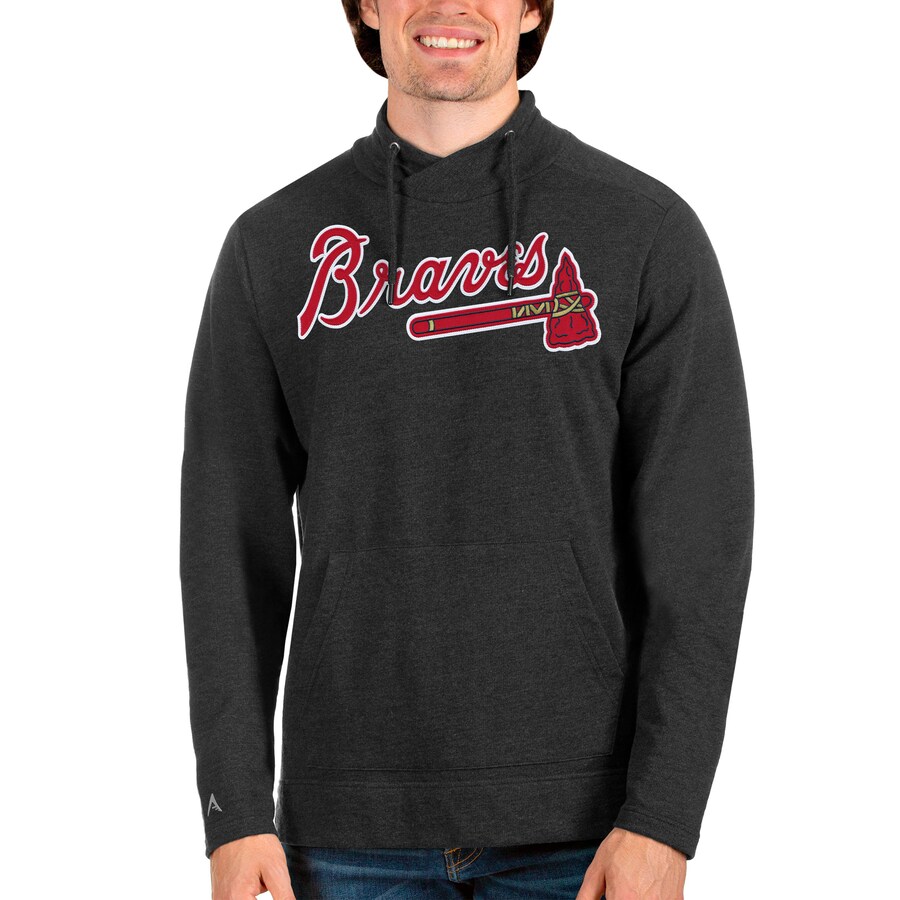 Men's Atlanta Braves Antigua Heathered Black Reward Pullover Sweatshirt Men's Atlanta Braves Antigua Heathered Black Reward Pullover Sweatshirt