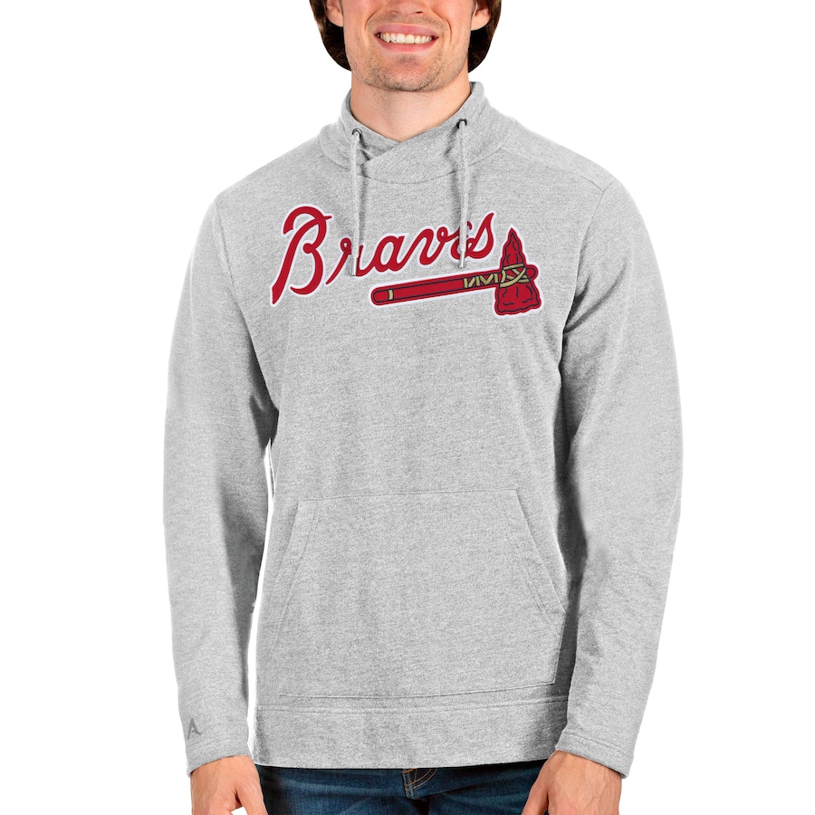 Men's Atlanta Braves Antigua Heathered Gray Reward Pullover Sweatshirt Men's Atlanta Braves Antigua Heathered Gray Reward Pullover Sweatshirt