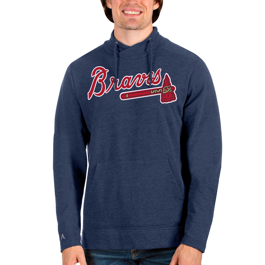Men's Atlanta Braves Antigua Heathered Navy Reward Pullover Sweatshirt Men's Atlanta Braves Antigua Heathered Navy Reward Pullover Sweatshirt
