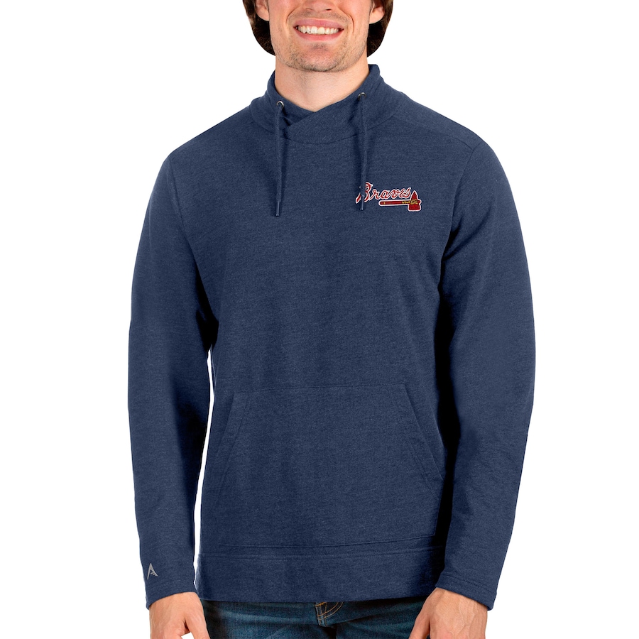 Men's Atlanta Braves Antigua Heathered Navy Team Reward Pullover Sweatshirt