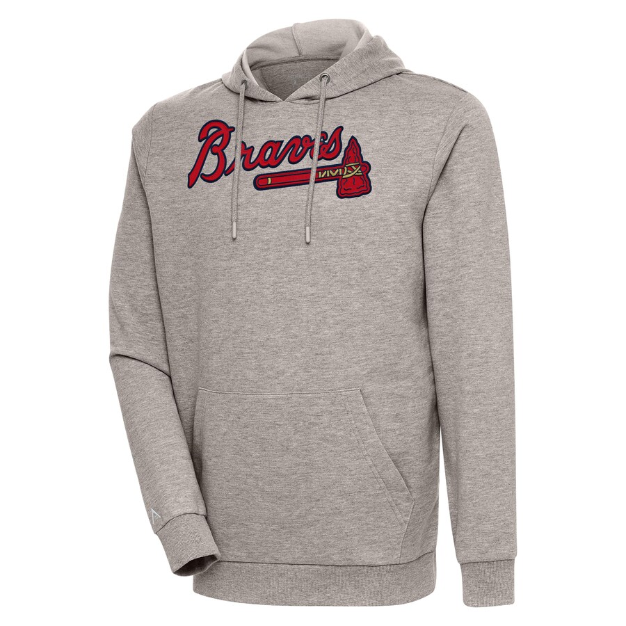 Men's Atlanta Braves Antigua Oatmeal Action Pullover Hoodie