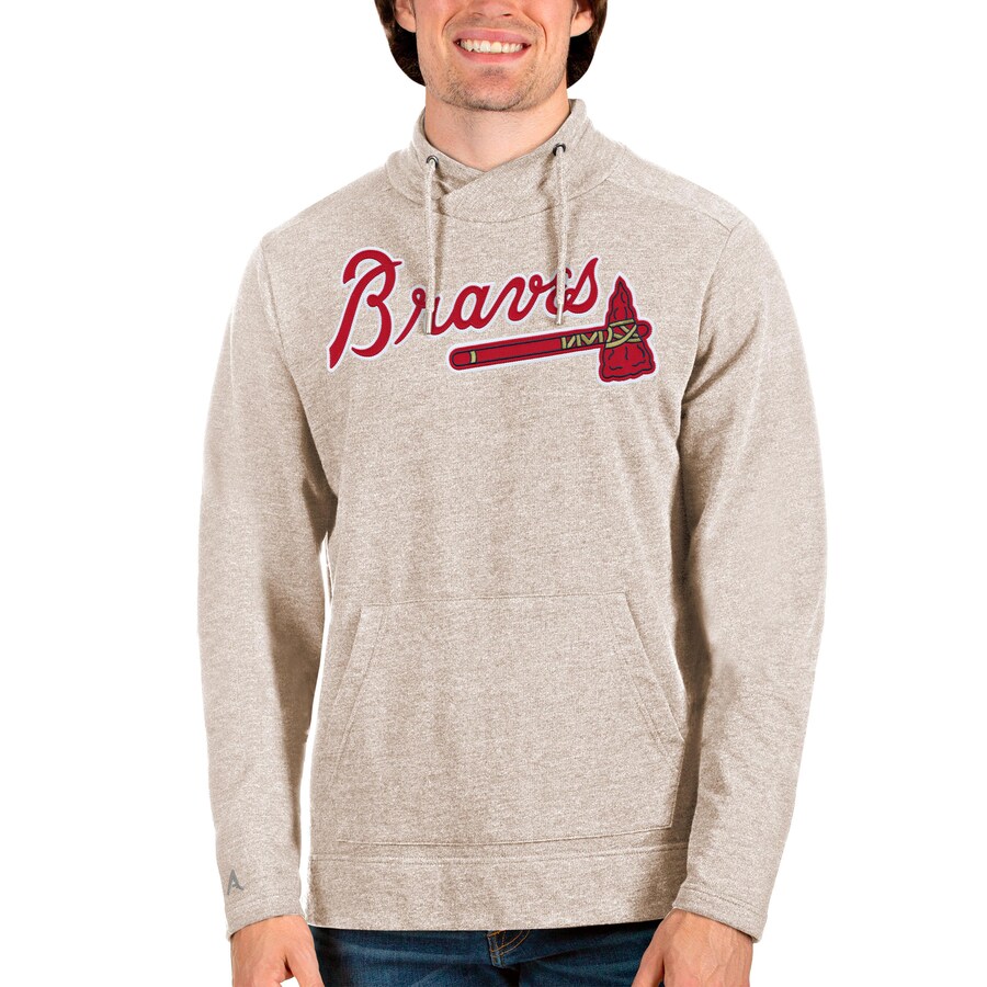 Men's Atlanta Braves Antigua Oatmeal Reward Pullover Sweatshirt Men's Atlanta Braves Antigua Oatmeal Reward Pullover Sweatshirt