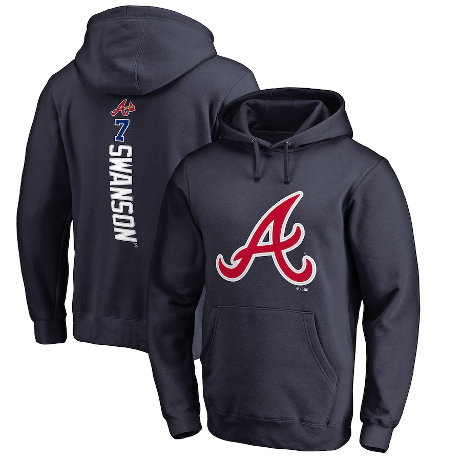Men's Atlanta Braves Dansby Swanson Navy Backer Pullover Hoodie Men's Atlanta Braves Dansby Swanson Navy Backer Pullover Hoodie