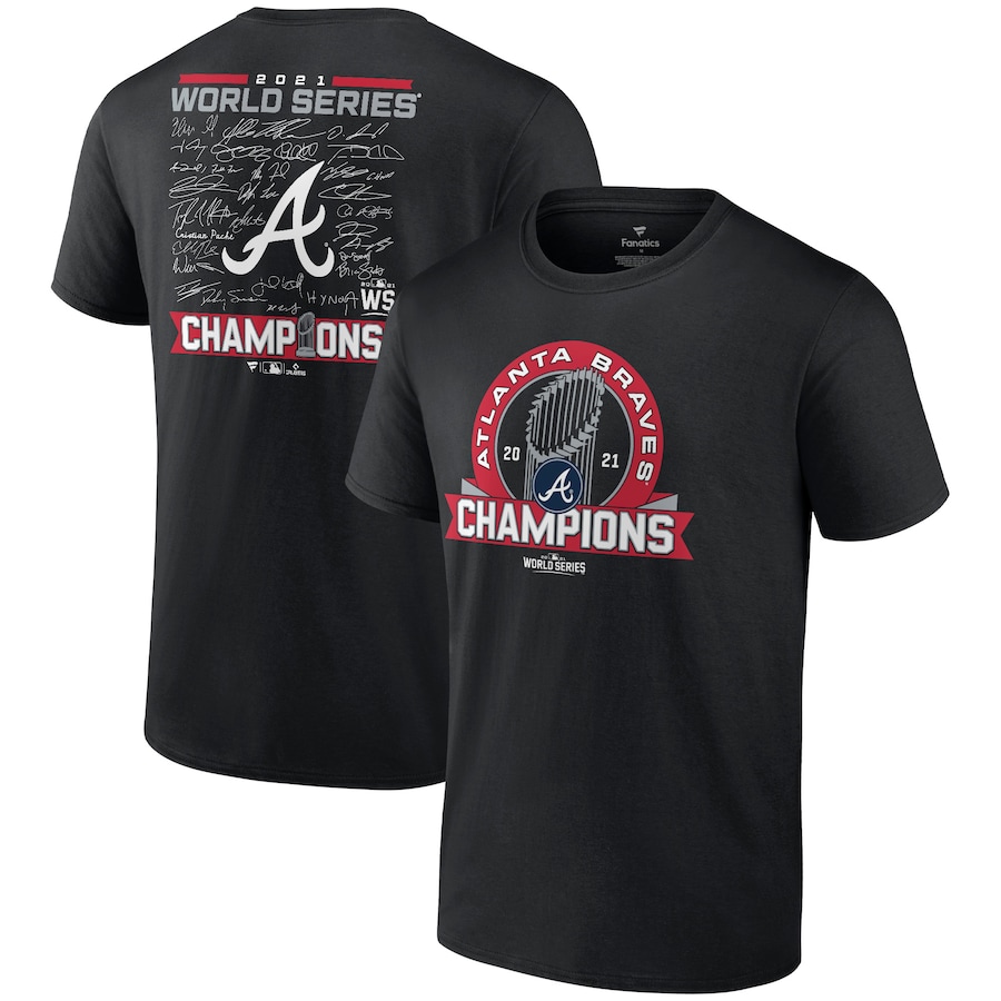 Men's Atlanta Braves Black 2021 World Series Champions Signature Roster T-Shirt Men's Atlanta Braves Black 2021 World Series Champions Signature Roster T-Shirt