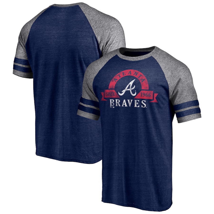 Men's Atlanta Braves Heather Navy Utility Two-Stripe Raglan Tri-Blend T-Shirt