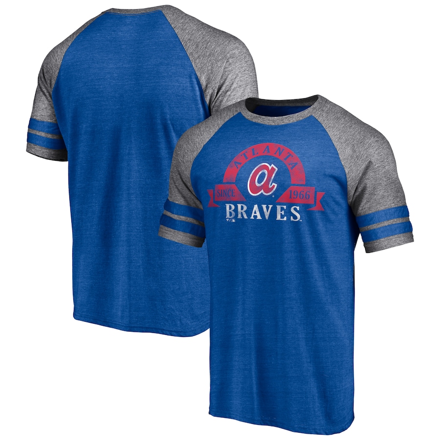 Men's Atlanta Braves Heather Royal Utility Two-Stripe Raglan Tri-Blend T-Shirt