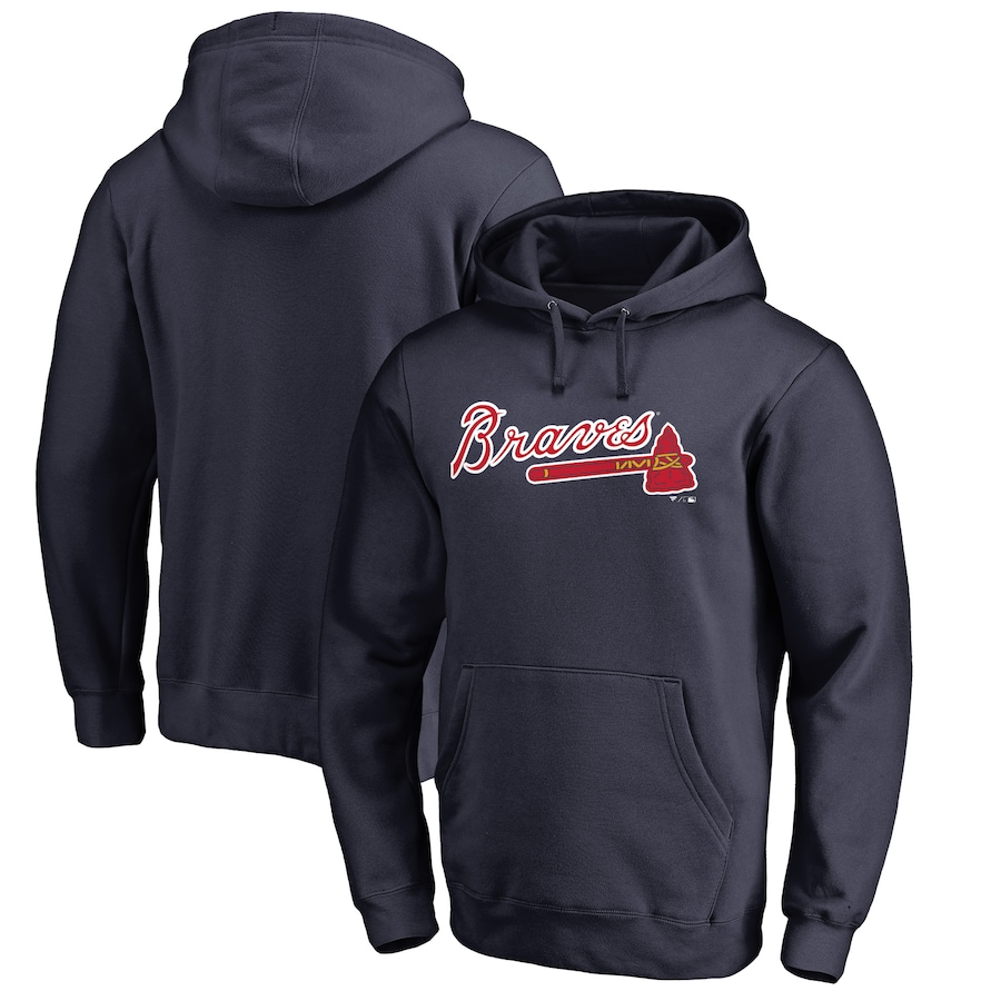 Men's Atlanta Braves Navy Official Wordmark Fitted Pullover Hoodie Men's Atlanta Braves Navy Official Wordmark Fitted Pullover Hoodie