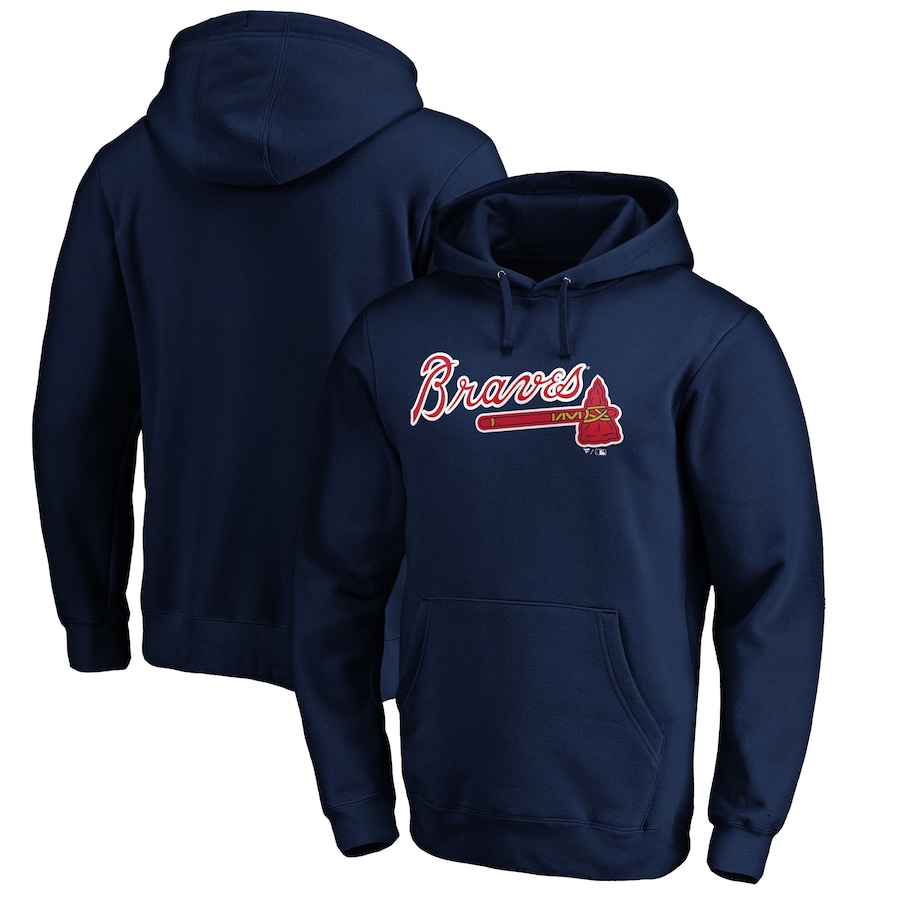 Men's Atlanta Braves Navy Official Wordmark Fitted Pullover Hoodie Men's Atlanta Braves Navy Official Wordmark Fitted Pullover Hoodie