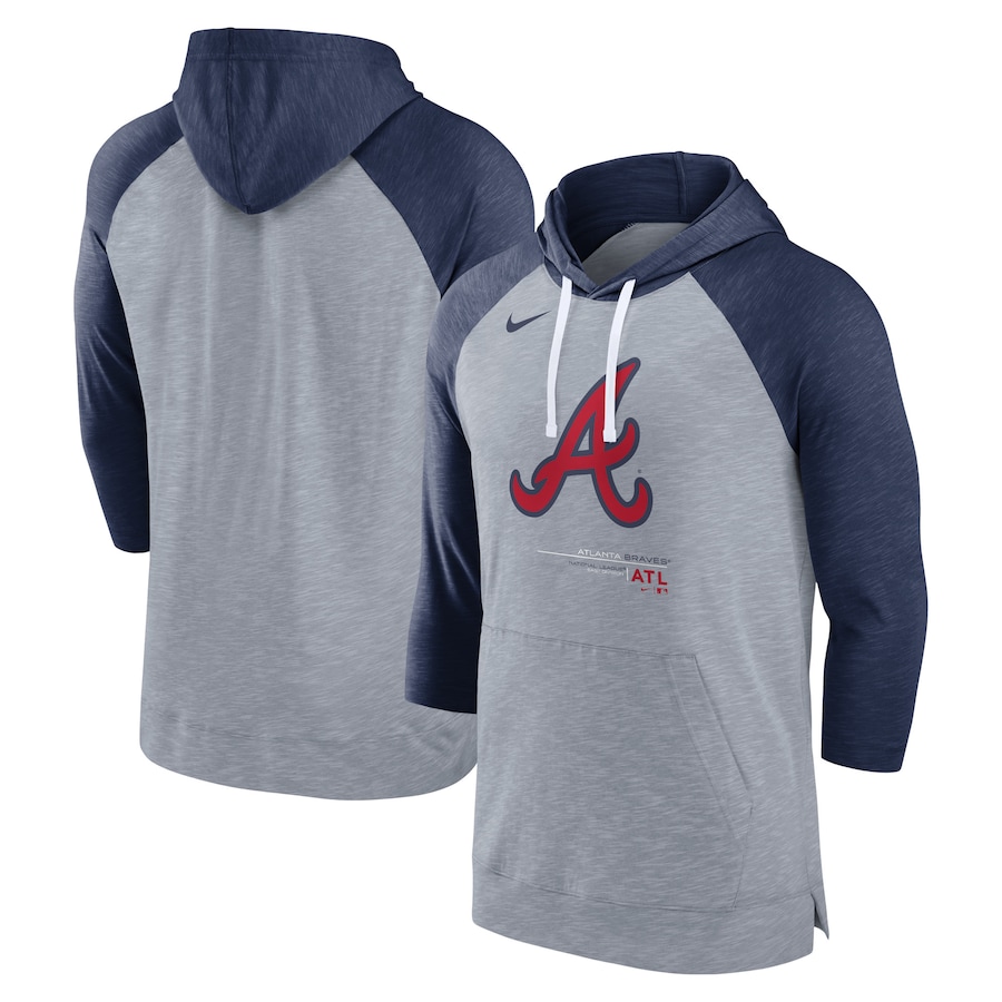 Men's Atlanta Braves Nike Heather Gray/Heather Navy Baseball Raglan 3/4-Sleeve Pullover Hoodie Men's Atlanta Braves Nike Heather Gray/Heather Navy Baseball Raglan 3/4-Sleeve Pullover Hoodie