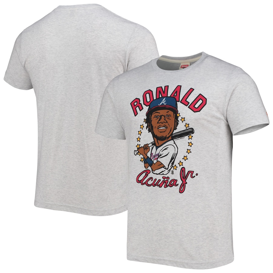 Men's Atlanta Braves Ronald Acuna Jr. Homage White Caricature Tri-Blend T-Shirt Men's Atlanta Braves Ronald Acuna Jr. Homage White Caricature Tri-Blend T-Shirt