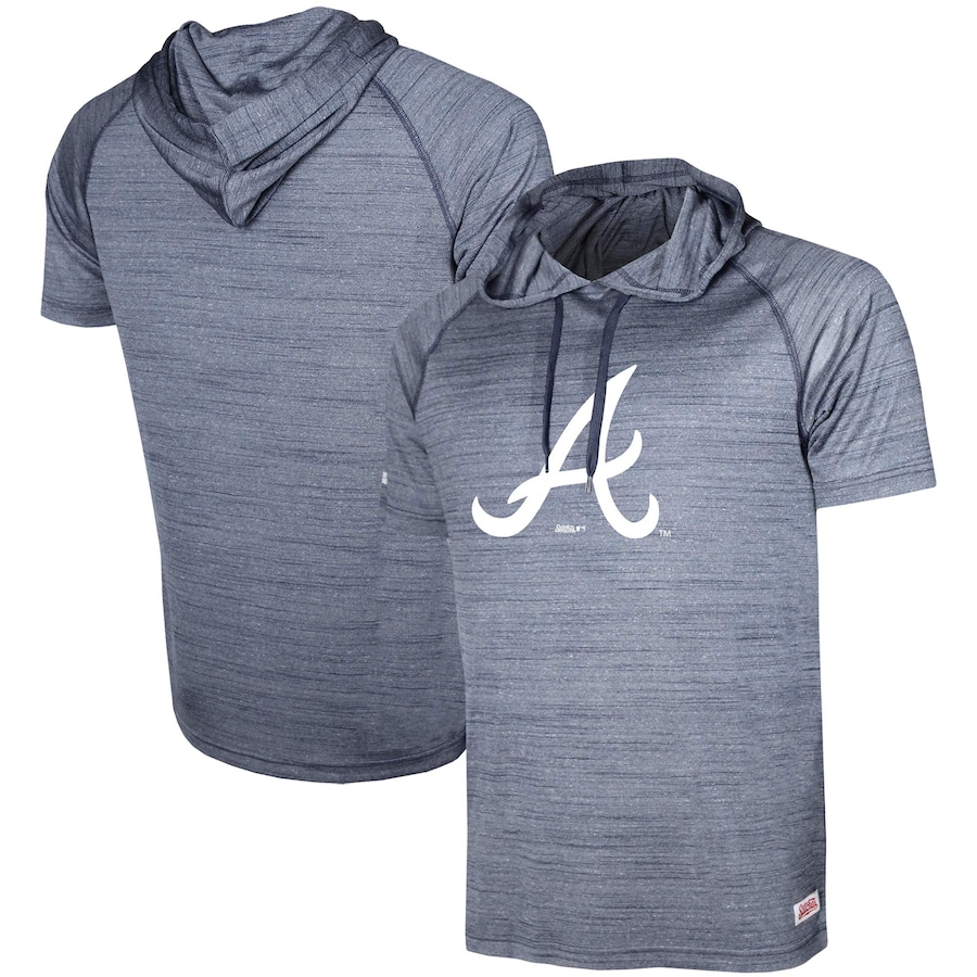 Men's Atlanta Braves Stitches Heathered Navy Raglan Short Sleeve Pullover Hoodie
