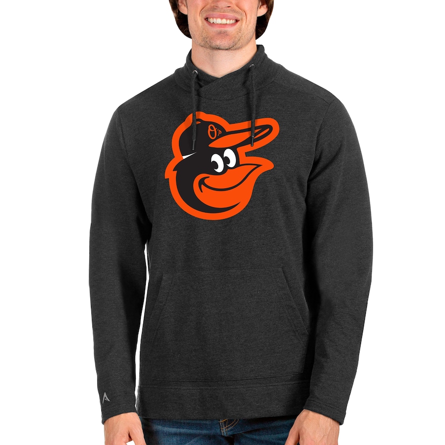 Men's Baltimore Orioles Antigua Heathered Black Reward Pullover Sweatshirt Men's Baltimore Orioles Antigua Heathered Black Reward Pullover Sweatshirt
