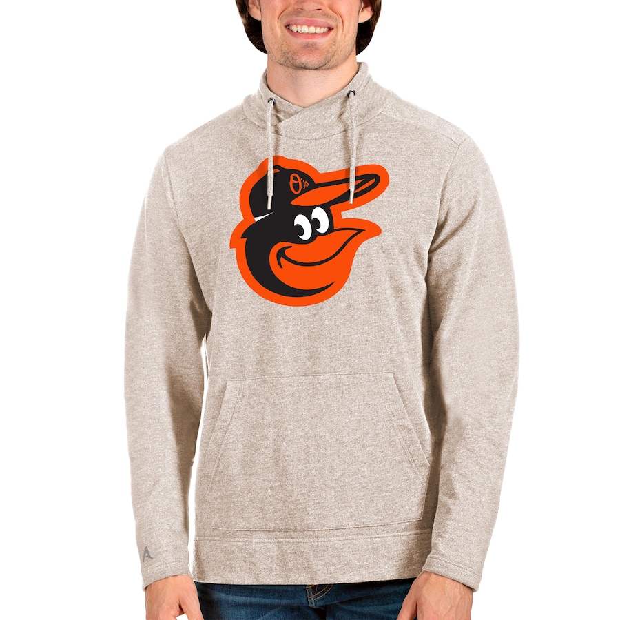 Men's Baltimore Orioles Antigua Oatmeal Reward Pullover Sweatshirt Men's Baltimore Orioles Antigua Oatmeal Reward Pullover Sweatshirt