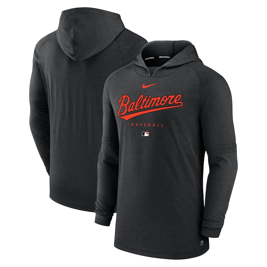 Men's Baltimore Orioles Nike Heather Black Authentic Collection Early Work Tri-Blend Performance Pullover Hoodie Men's Baltimore Orioles Nike Heather Black Authentic Collection Early Work Tri-Blend Performance Pullover Hoodie