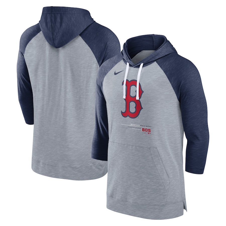 Men's Boston Red Sox Nike Heather Gray/Heather Navy Baseball Raglan 3/4-Sleeve Pullover Hoodie Men's Boston Red Sox Nike Heather Gray/Heather Navy Baseball Raglan 3/4-Sleeve Pullover Hoodie