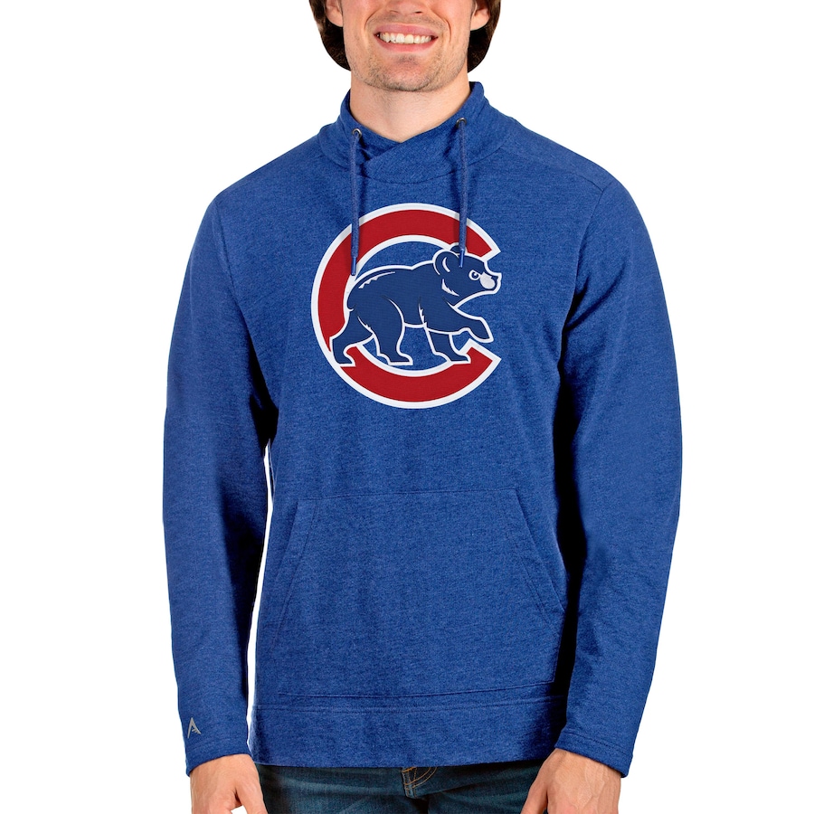 Men's Chicago Cubs Antigua Heathered Royal Reward Pullover Sweatshirt Men's Chicago Cubs Antigua Heathered Royal Reward Pullover Sweatshirt