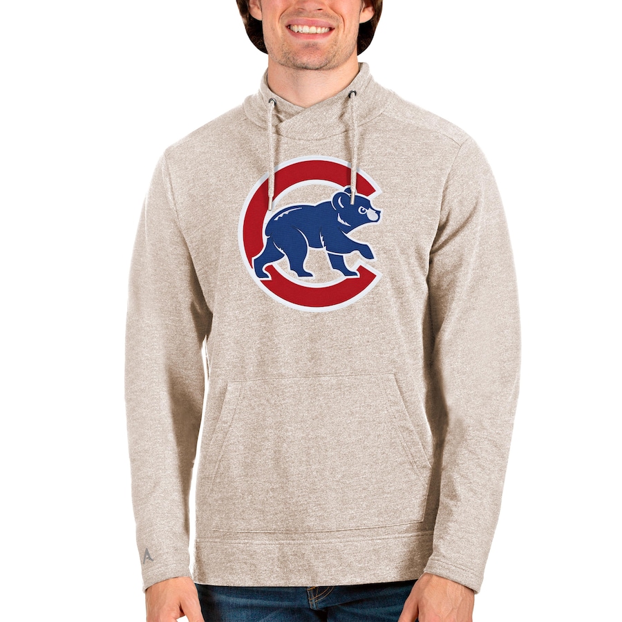 Men's Chicago Cubs Antigua Oatmeal Reward Pullover Sweatshirt Men's Chicago Cubs Antigua Oatmeal Reward Pullover Sweatshirt