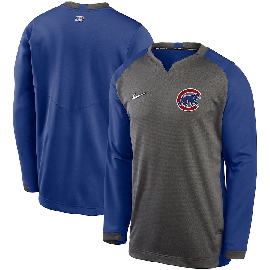 Men's Chicago Cubs Nike Charcoal/Royal Authentic Collection Thermal Crew Performance Pullover Sweatshirt Men's Chicago Cubs Nike Charcoal/Royal Authentic Collection Thermal Crew Performance Pullover Sweatshirt