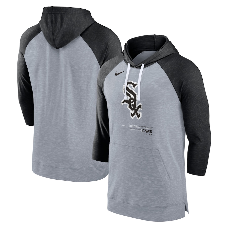 Men's Chicago White Sox Nike Heather Gray/Heather Black Baseball Raglan 3/4-Sleeve Pullover Hoodie Men's Chicago White Sox Nike Heather Gray/Heather Black Baseball Raglan 3/4-Sleeve Pullover Hoodie