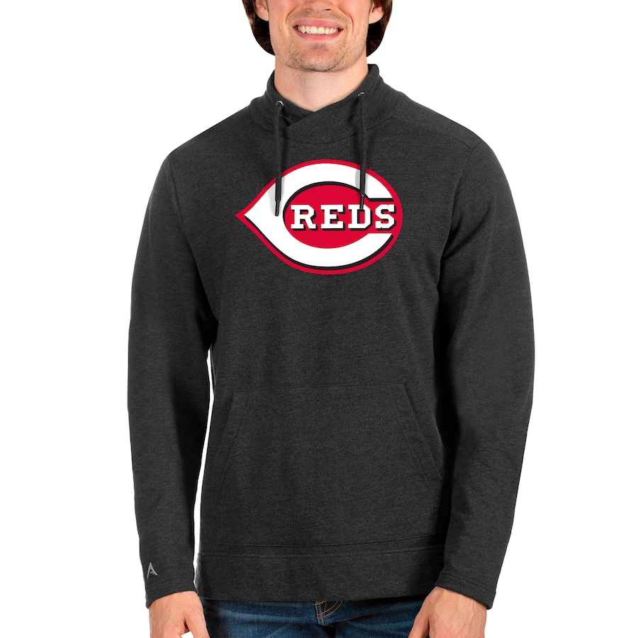 Men's Cincinnati Reds Antigua Heathered Black Reward Pullover Sweatshirt Men's Cincinnati Reds Antigua Heathered Black Reward Pullover Sweatshirt