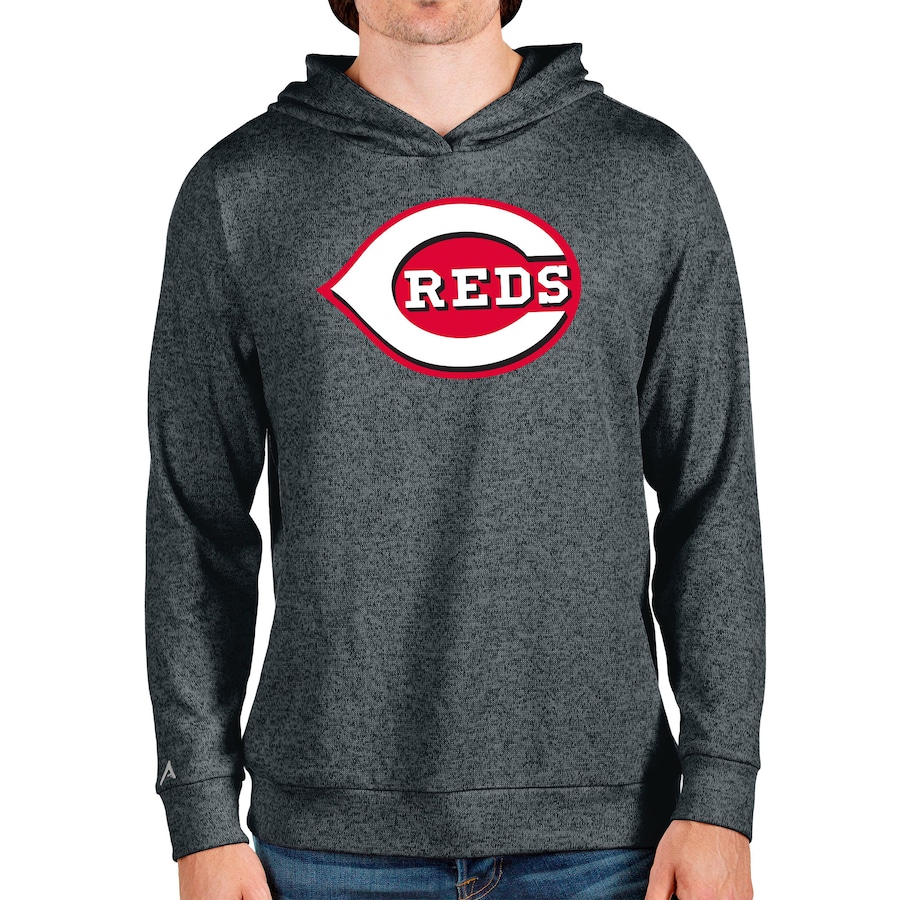 Men's Cincinnati Reds Antigua Heathered Charcoal Team Logo Absolute Pullover Hoodie