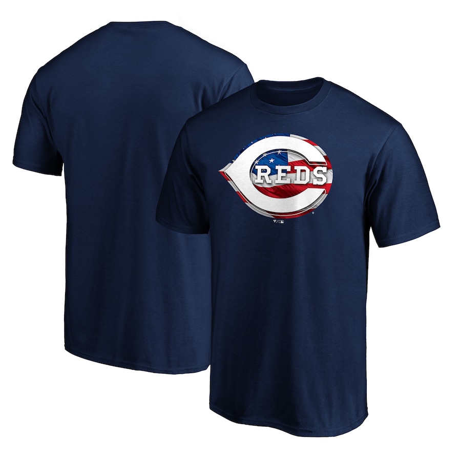 Men's Cincinnati Reds Logo Navy Banner Wave T-Shirt Men's Cincinnati Reds Logo Navy Banner Wave T-Shirt