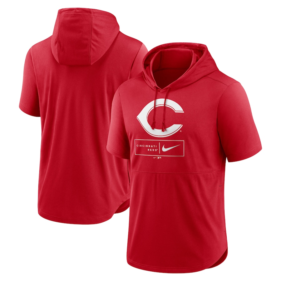 Men's Cincinnati Reds Nike Red Logo Lockup Performance Short-Sleeved Pullover Hoodie Men's Cincinnati Reds Nike Red Logo Lockup Performance Short-Sleeved Pullover Hoodie