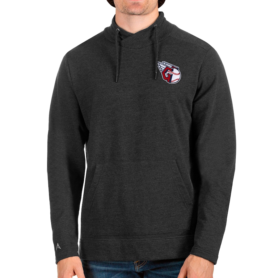 Men's Cleveland Guardians Antigua Heathered Black Crossover Neckline Pullover Sweatshirt