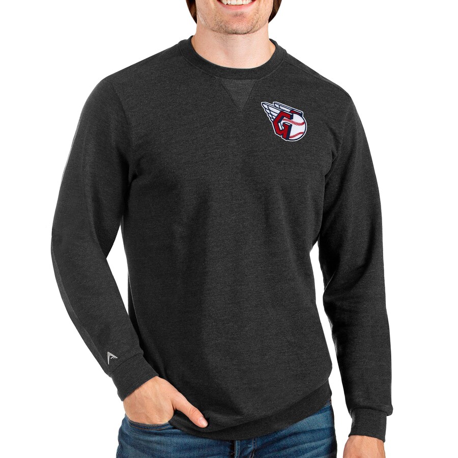Men's Cleveland Guardians Antigua Heathered Black Reward Crewneck Pullover Sweatshirt