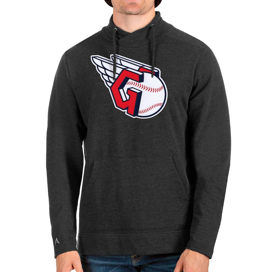 Men's Cleveland Guardians Antigua Heathered Black Team Crossover Neckline Pullover Sweatshirt