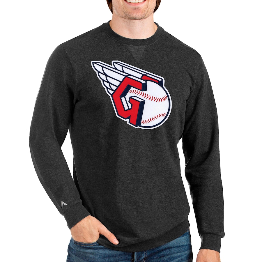 Men's Cleveland Guardians Antigua Heathered Black Team Reward Crewneck Pullover Sweatshirt