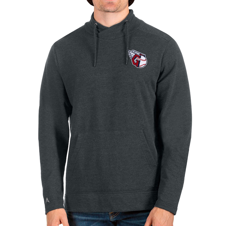 Men's Cleveland Guardians Antigua Heathered Charcoal Crossover Neckline Pullover Sweatshirt