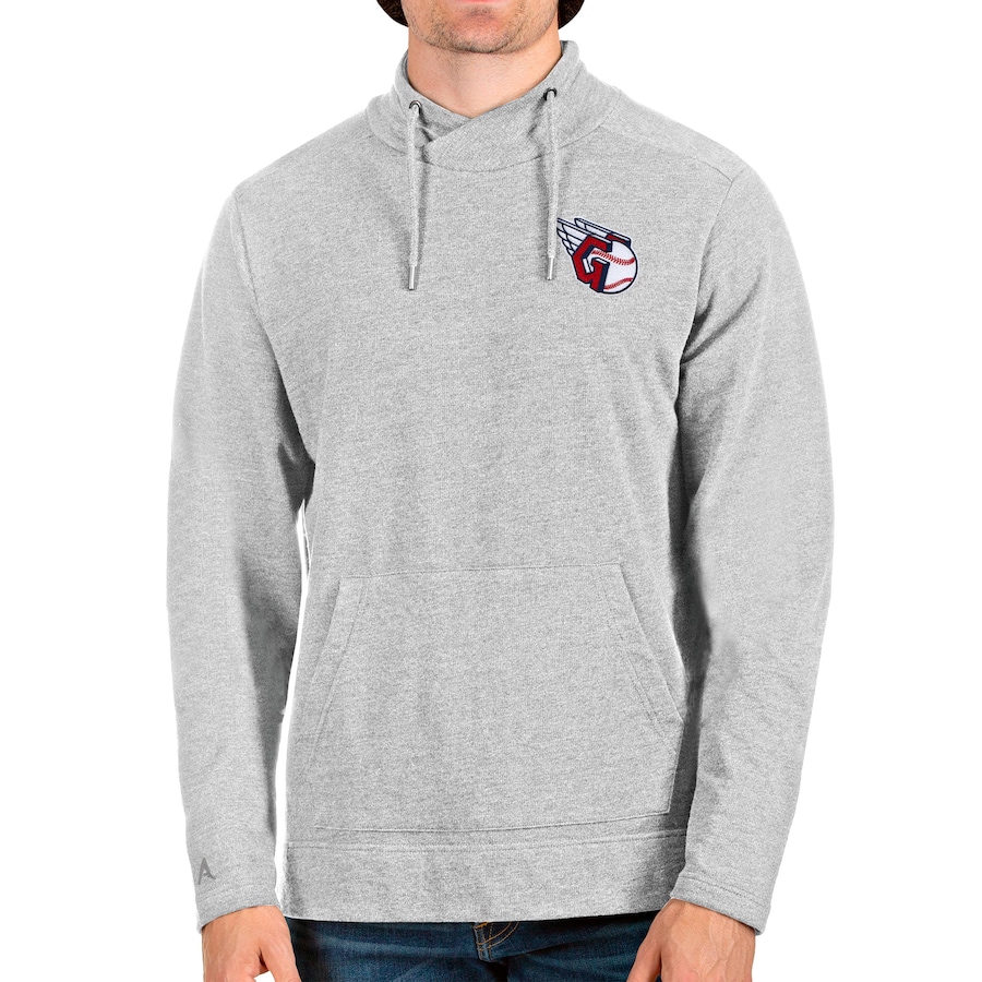 Men's Cleveland Guardians Antigua Heathered Gray Crossover Neckline Pullover Sweatshirt