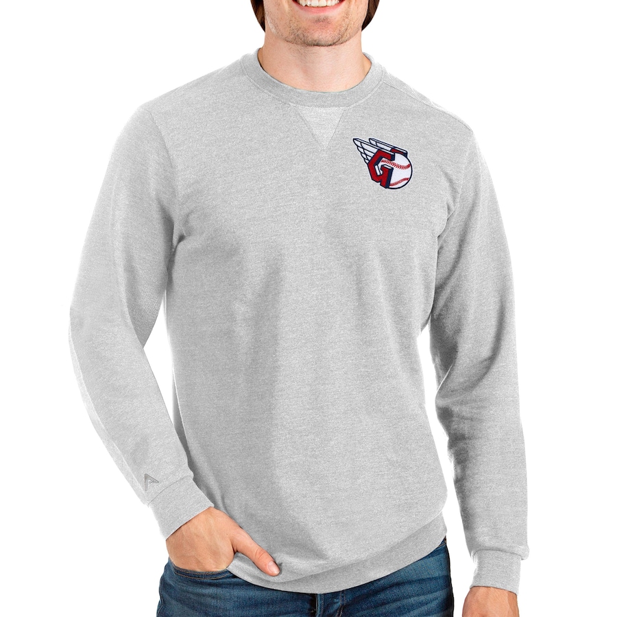 Men's Cleveland Guardians Antigua Heathered Gray Reward Crewneck Pullover Sweatshirt