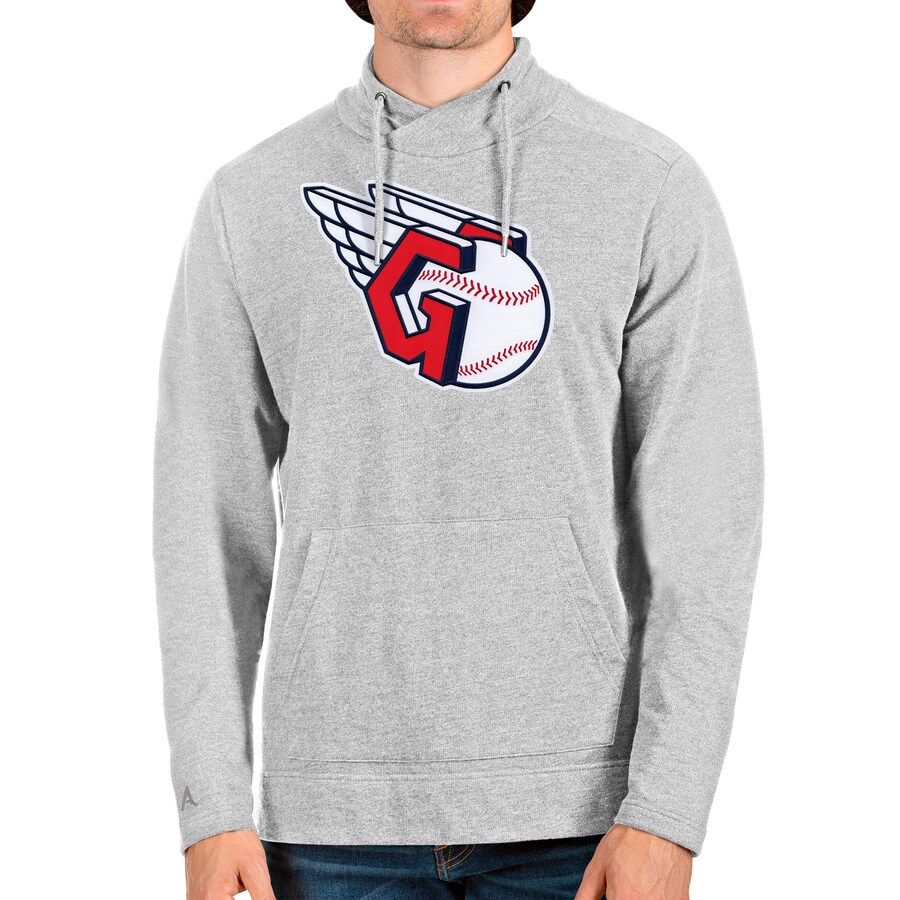 Men's Cleveland Guardians Antigua Heathered Gray Team Crossover Neckline Pullover Sweatshirt